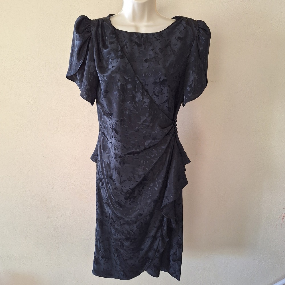 Y2K 90s Whimsigoth Peplum Black Satin Floral Dress Wrap Cascade Ruffles 10